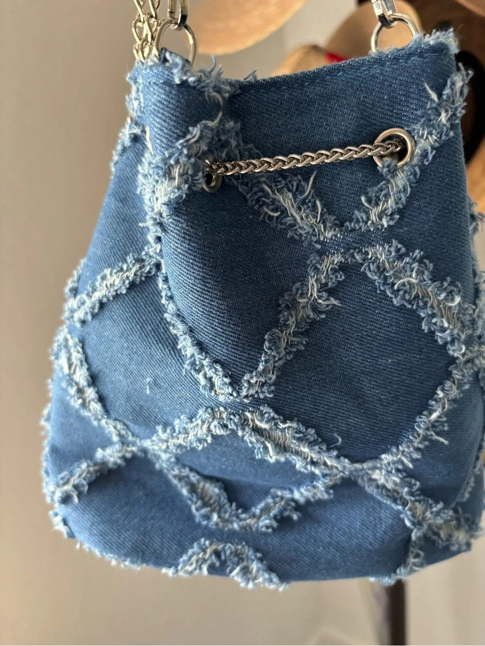 Denim Bucket Bag Frayed Patchwork Silver Chain Crossbody Shoulder Purse Blue